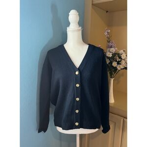 Vtg‎ Womens Navy Blue Small Thick Knit Preppy Cardigan Ivy League Dark Academia